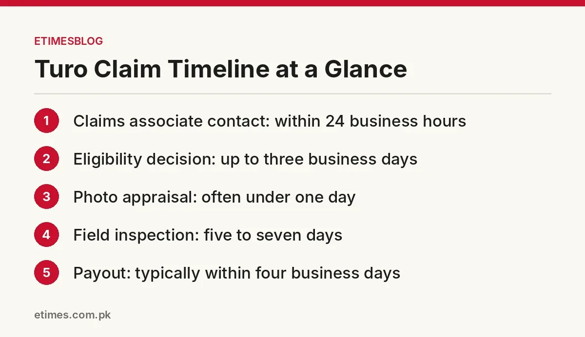 Timeline of Turo's US host damage claim process from filing to payout
