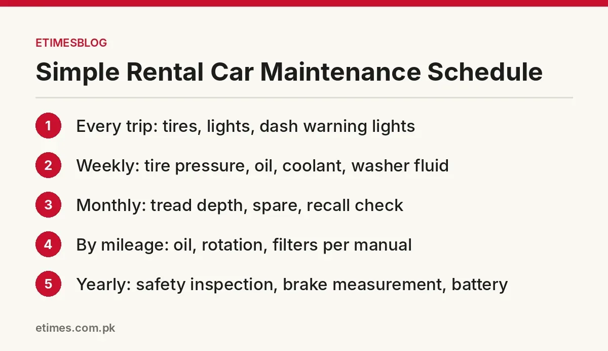Infographic showing a rental car maintenance schedule from every trip to yearly checks
