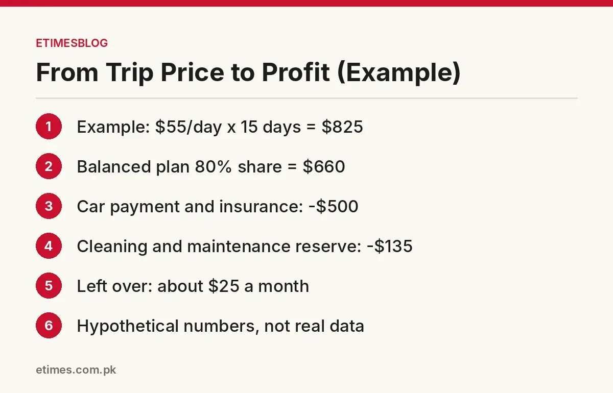 Hypothetical worked example showing monthly Turo trip revenue reduced to about $25 profit after costs
